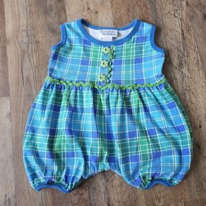 Vintage Rooster Collections Romper One piece Green Blue Checkered Cotton Sz 18M